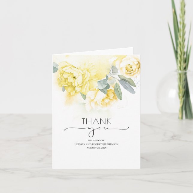 Yellow Flowers Soft Greenery Wedding Thank You (Front)