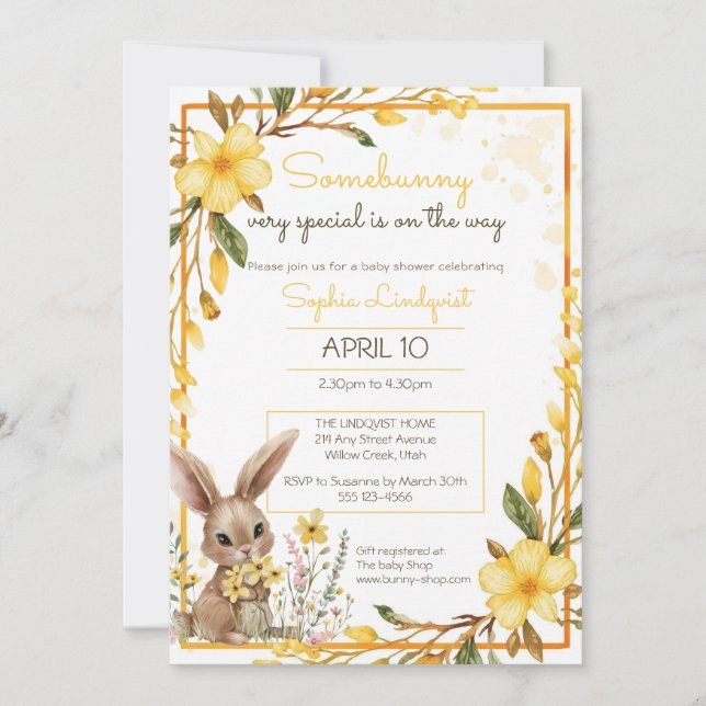 Yellow Flowers Somebunny On The Way Baby Shower Invitation (Front)