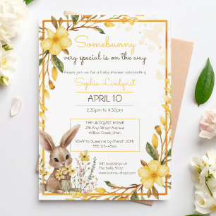 Yellow Flowers Somebunny On The Way Baby Shower Invitation