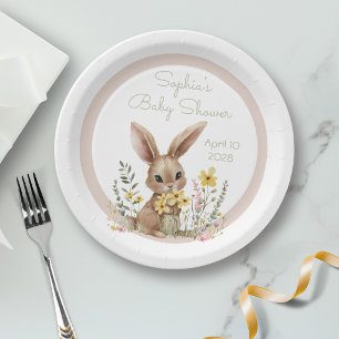 Yellow Flowers Somebunny On The Way Baby Shower Paper Plate