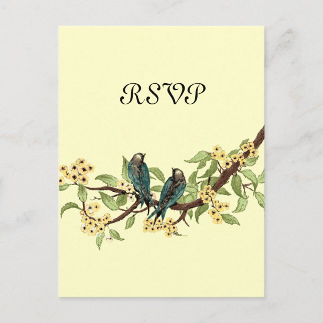 Yellow Flowers Teal Vintage Birds Response Card (Front)