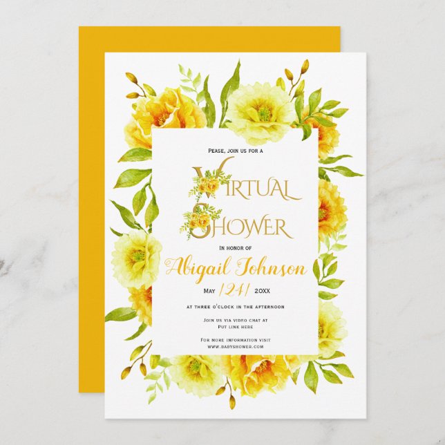 Yellow flowers virtual baby or bridal shower invitation (Front/Back)