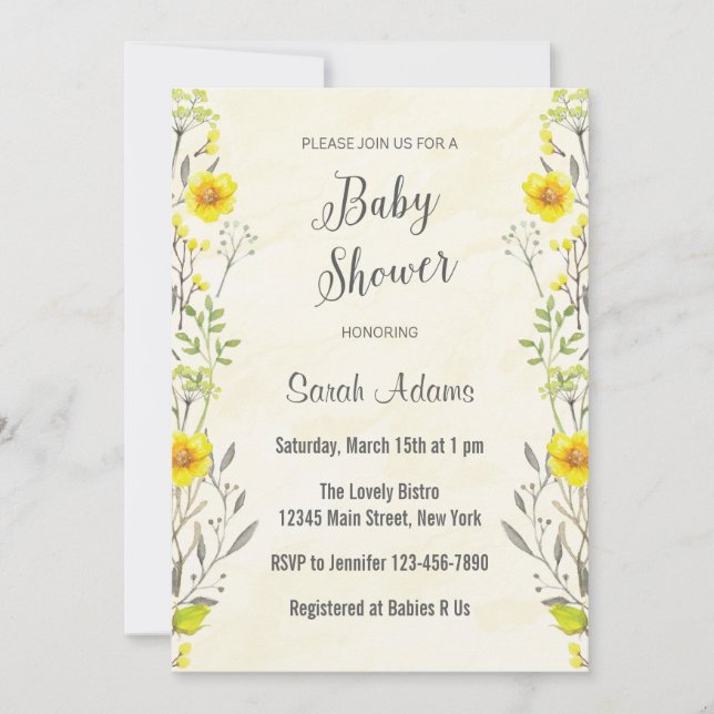 Yellow Flowers Watercolor Baby Shower Invitation (Front)