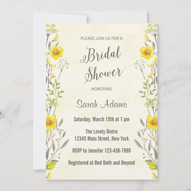 Yellow Flowers Watercolor Bridal Shower Invitation (Front)