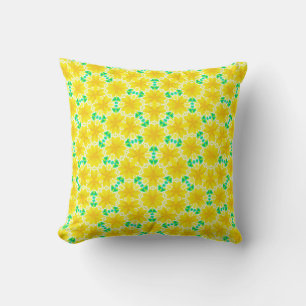 Yellow Flowers with Green Geometric Shapes Throw Pillow