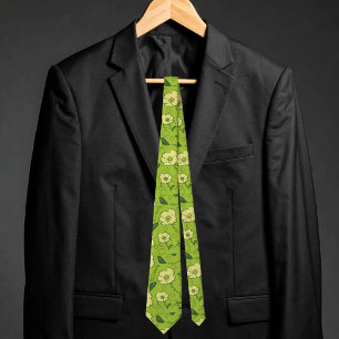 Yellow Flowers With Vines And Circles On Green Tie