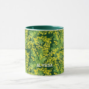 Yellow fluffy acacia wattle flowers mug