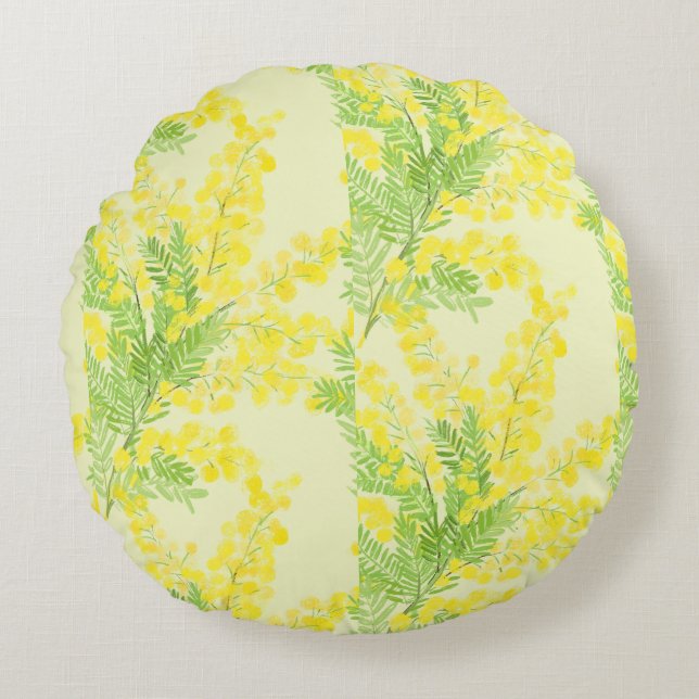 Yellow fluffy mimosa flower round pillow (Front)
