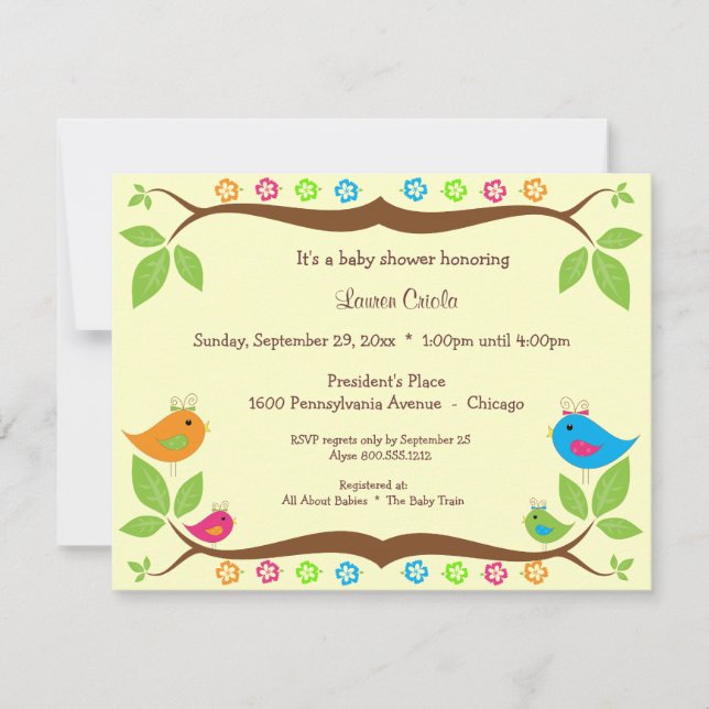 Yellow Four Birds Floral Baby Shower Invitation (Front)