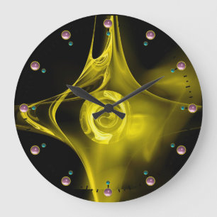 YELLOW FRACTAL ROSE IN BLACK ,PINK GEMSTONES LARGE CLOCK