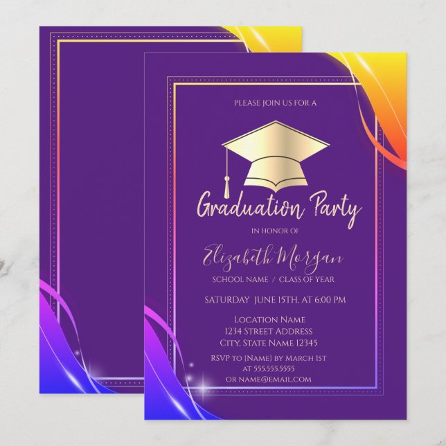 Yellow Frame Grad Cap Violet Graduation   Invitation (Front/Back)