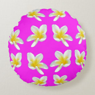 Yellow Frangipani Flowers On Pink, Round Pillow