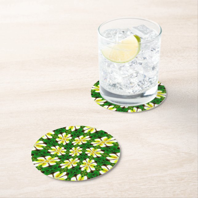 Yellow Frangipani Pattern Round Paper Coaster (Insitu)