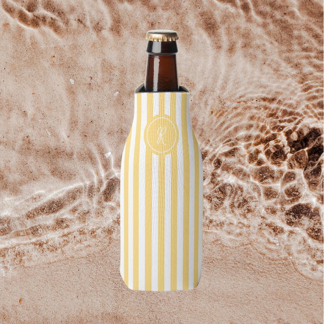 Yellow French Beach Stripe Personalized Monogram Bottle Cooler (Creator Uploaded)