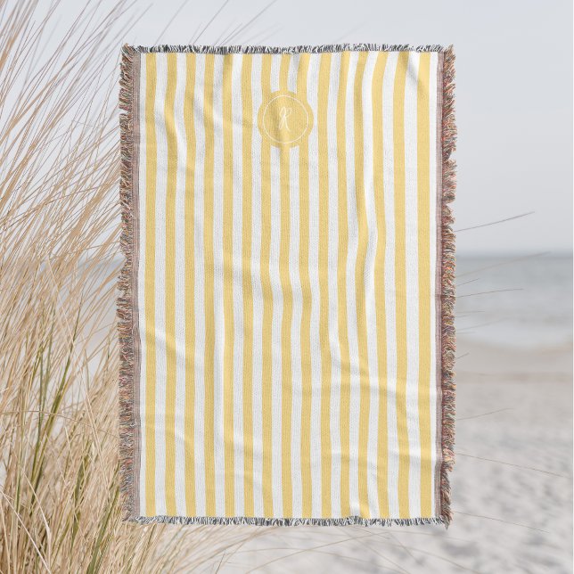 Yellow French Beach Stripe Personalized Monogram Throw Blanket (Creator Uploaded)