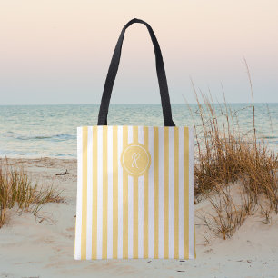 Yellow French Beach Stripe Personalized Monogram Tote Bag