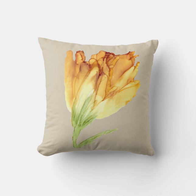Yellow fringed tulip hand painted -natural throw pillow (Front)