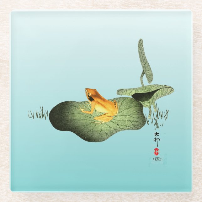 Yellow Frog on Lotus Leaf  Glass Coaster (Front)