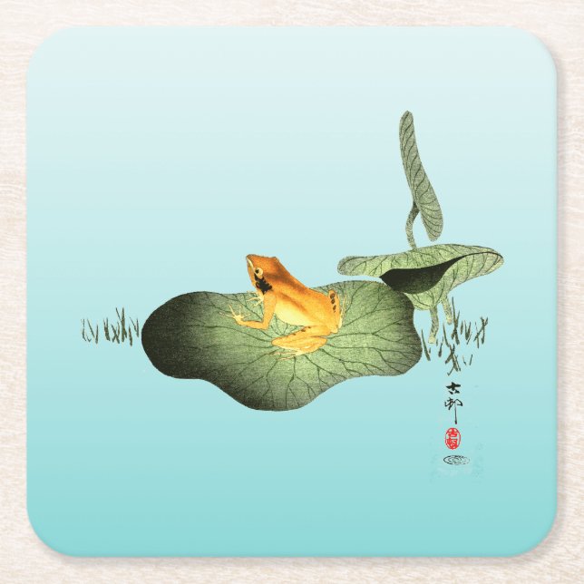 Yellow Frog on Lotus Leaf  Square Paper Coaster (Front)