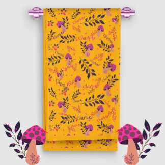 Yellow Fuchsia Funny Mushrooms Custom Baby Name Hand Towel