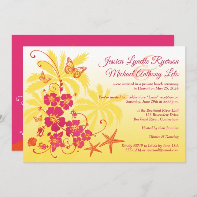 Yellow, Fuchsia, Orange Tropical Wedding Invitation (Front/Back)