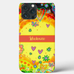 Yellow Fun Heart Flowers Personalize Name iPhone 13 Pro Max Case
