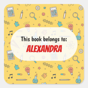 Yellow Fun School Supplies Pattern Personalized Square Sticker
