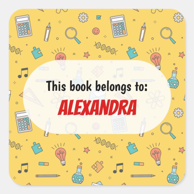 Yellow Fun School  Supplies Pattern Personalized Square Sticker (Front)