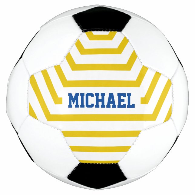 Yellow Fun Stripes Custom Name Soccer Ball (Front)