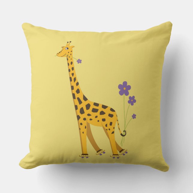 Yellow Funny Roller Skating Giraffe Throw Pillow (Front)