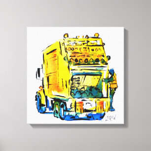 Yellow Garbage Truck / Artist Larry Lerew Canvas Print