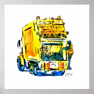 Yellow Garbage Truck / Artist Larry Lerew Poster