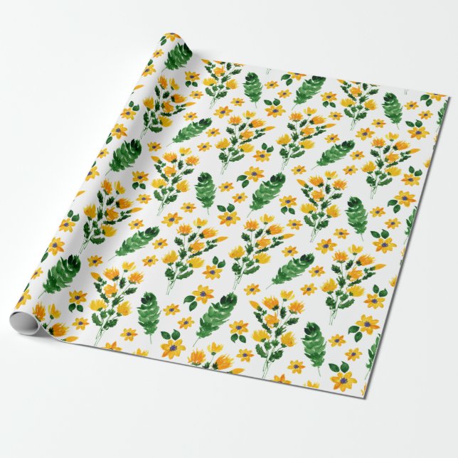 Yellow Garden Flower Watercolor Pattern Wrapping Paper (Unrolled)