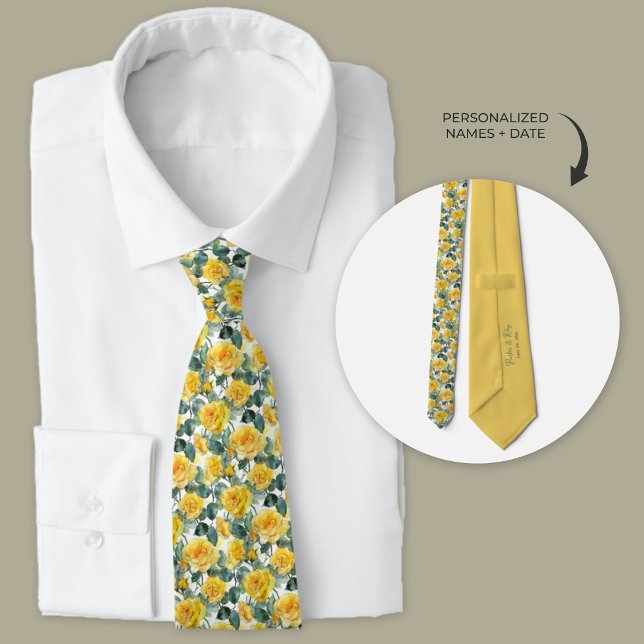 Yellow Garden Roses Groomsmen Neck Tie (Yellow rose garden flower necktie for groomsmen keepsake gift.)