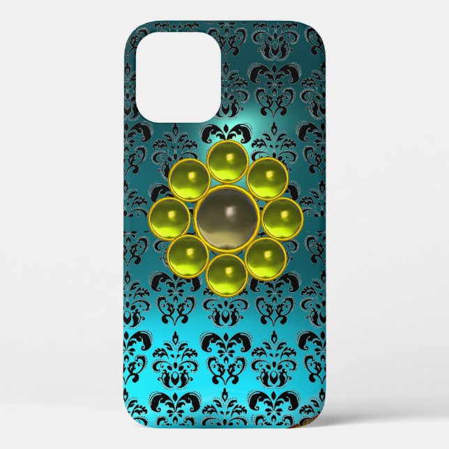 YELLOW GEMSTONE MON Teal Aqua Blue Black Damask Case-Mate iPhone Case (Back)