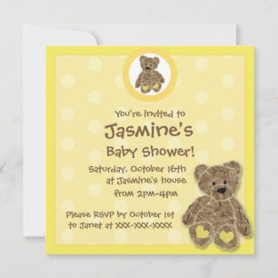 Yellow gender neutral bear baby shower invitations
