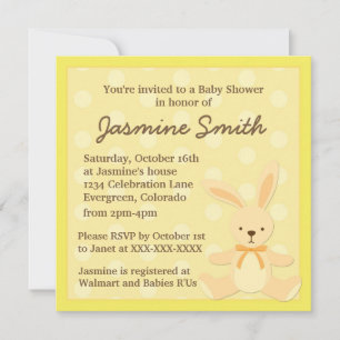 Yellow gender neutral bunny baby shower invites
