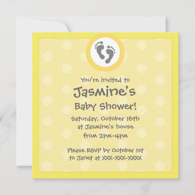 Yellow gender neutral dots baby shower invitations (Front)