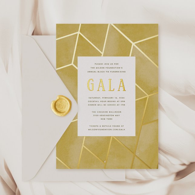 Yellow Geometric Gala Gold Foil Invitation (Golden yellow watercolor and gold foil Geometric Gala Invitation)