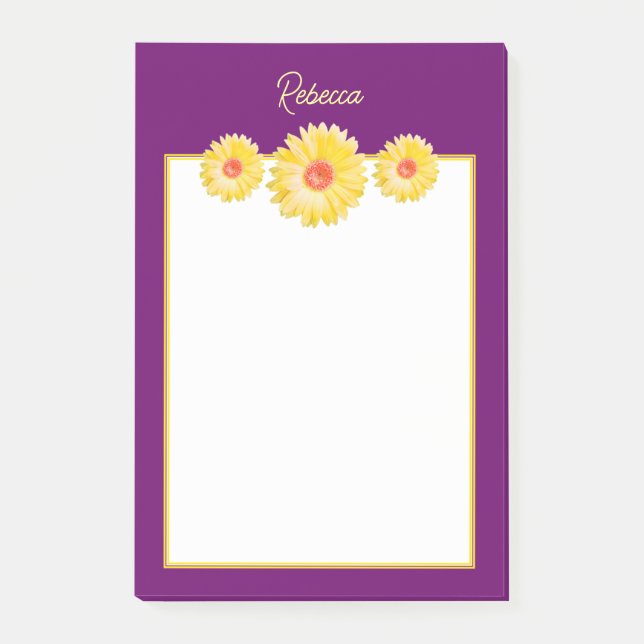 Yellow Gerbera Daisies on Purple Personalized Post-it Notes (Front)