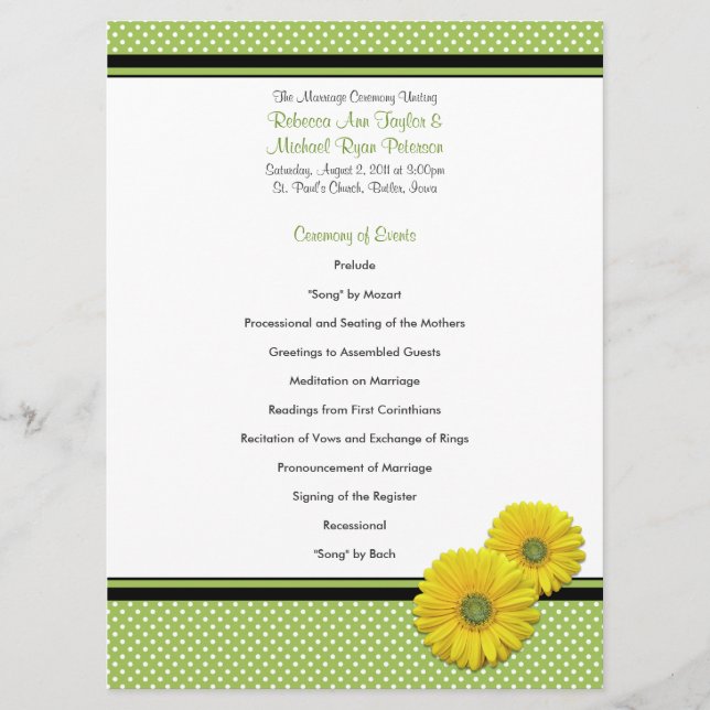 Yellow Gerbera Daisy Polka Dot Wedding Program (Front)
