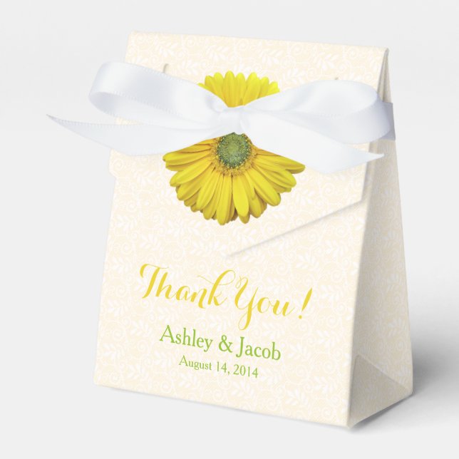 Yellow Gerbera Daisy White Lace Wedding Thank You Favor Box (Front Side)