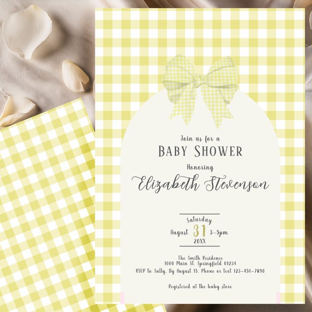 Yellow Gingham Bow Gender Neutral Baby Shower Invitation (Creator Uploaded)