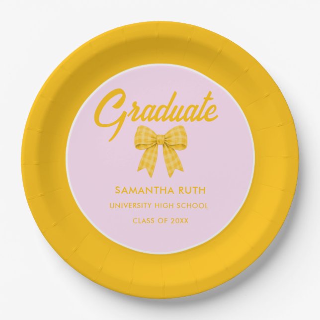 Yellow Gingham Bow Graduation Party Paper Plate (Front)