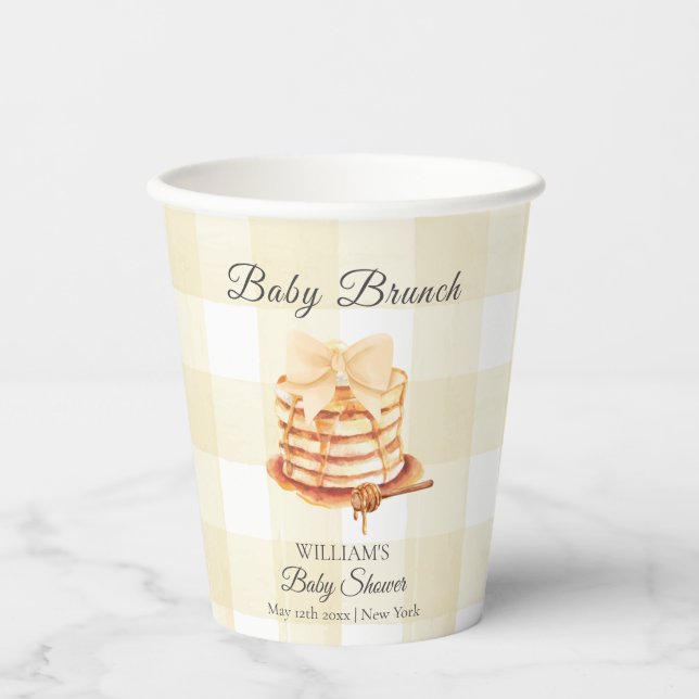 Yellow Gingham Bow Pancake Brunch Baby Shower  Paper Cups (Front)
