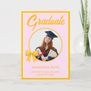 Yellow Gingham Bow Photo Graduation  Card