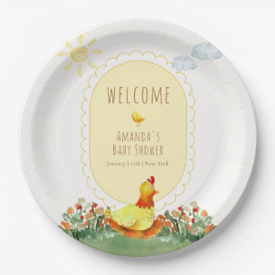 Yellow Gingham Chicken Baby Shower Welcome Paper Plate