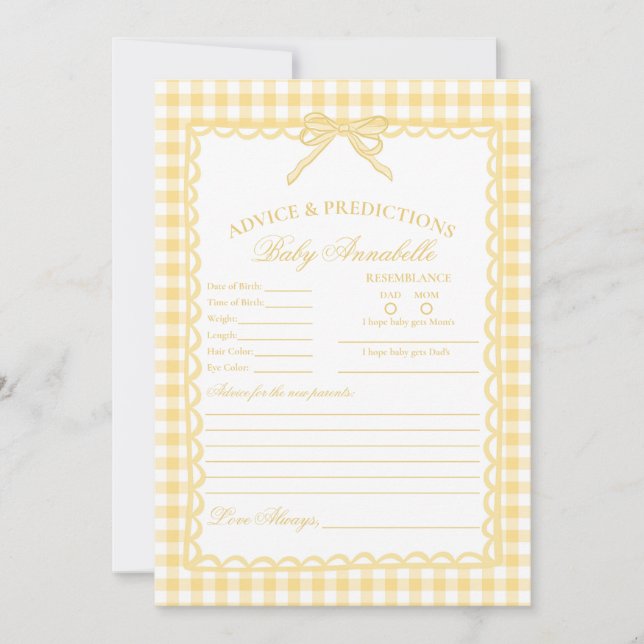 Yellow Gingham Coquette Bow Advice for Baby Card (Front)