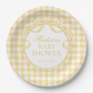 Yellow Gingham Coquette Bow Baby Shower Paper Plate