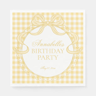 Yellow Gingham Coquette Bow Birthday Party Dessert Napkin